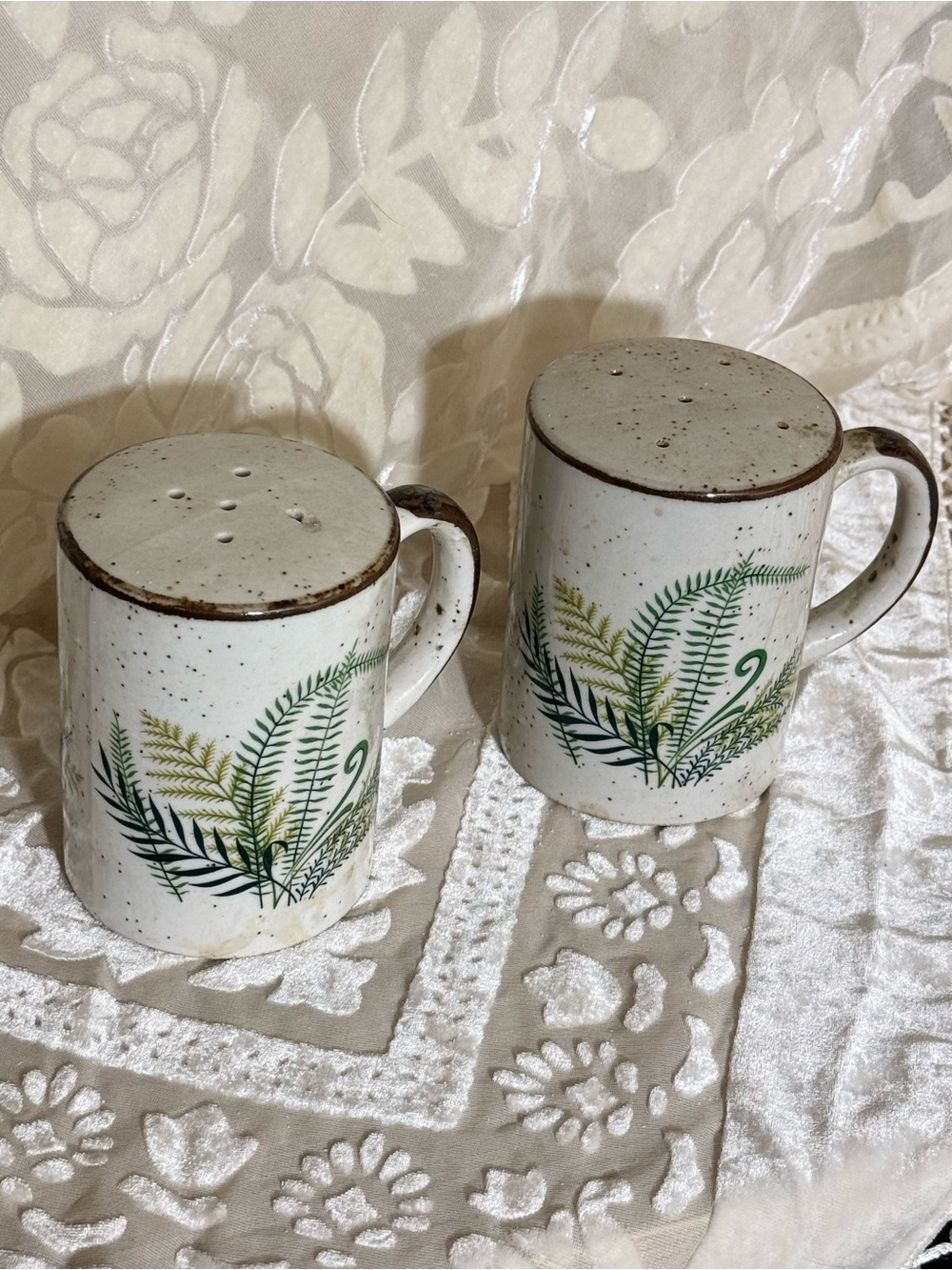 Vintage Otagiri Salt and Pepper Set: Speckled Glaze Stoneware with Ferns